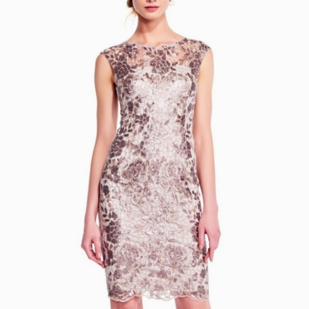 Adrianna Papell Floral Sequin Sleeveless Sheath Dress Cocktail Event, Size 10